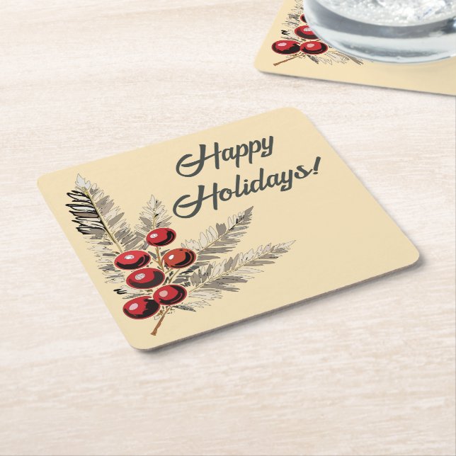 Retro Holly Berries and Evergreen Square Paper Coaster (Angled)