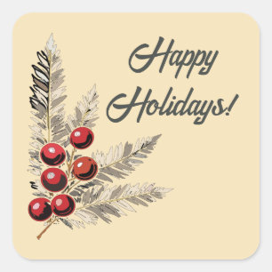 Retro Holly Berries and Evergreen  Square Sticker