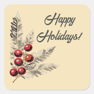 Retro Holly Berries and Evergreen Square Sticker