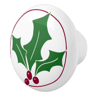 Retro Holly Berries I, Red Trim Ceramic Knob