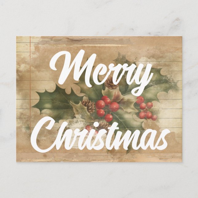 Retro Holly Grunge Merry Christmas Postcard (Front)