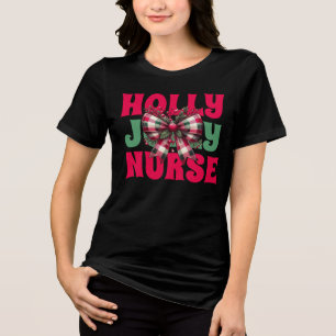 Retro Holly Jolly Nurse Christmas Coquette Bow Tri-Blend Shirt