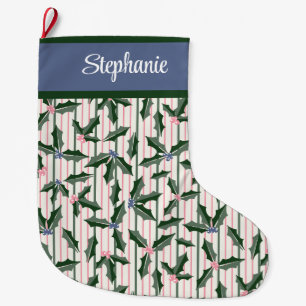 Retro Holly with Name Large Christmas Stocking