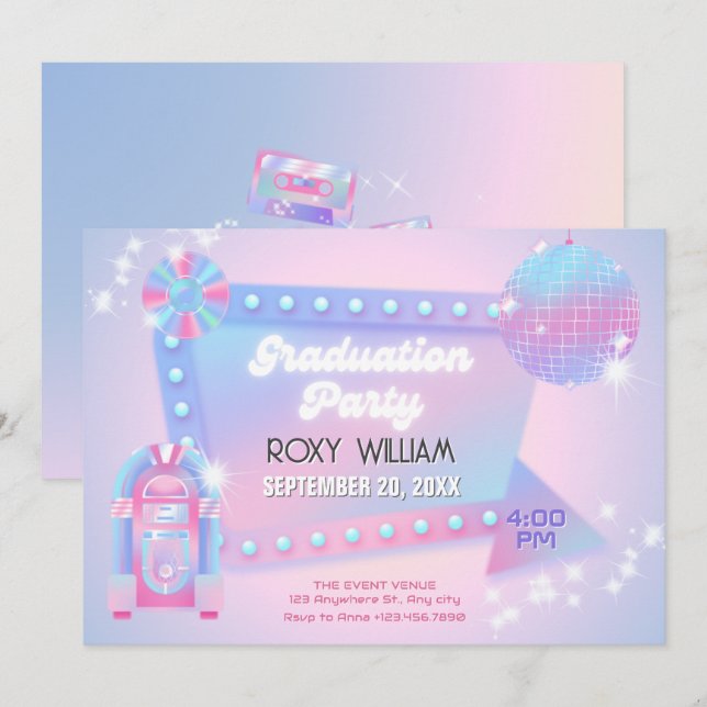 Retro holo disco graduation party invitation (Front/Back)