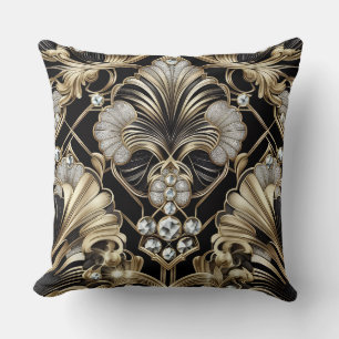 Retro Home Accents   Black and Gold Art Deco Cushion