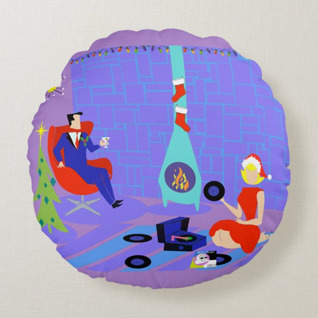 Retro Home for the Holidays Round Pillow (Front)