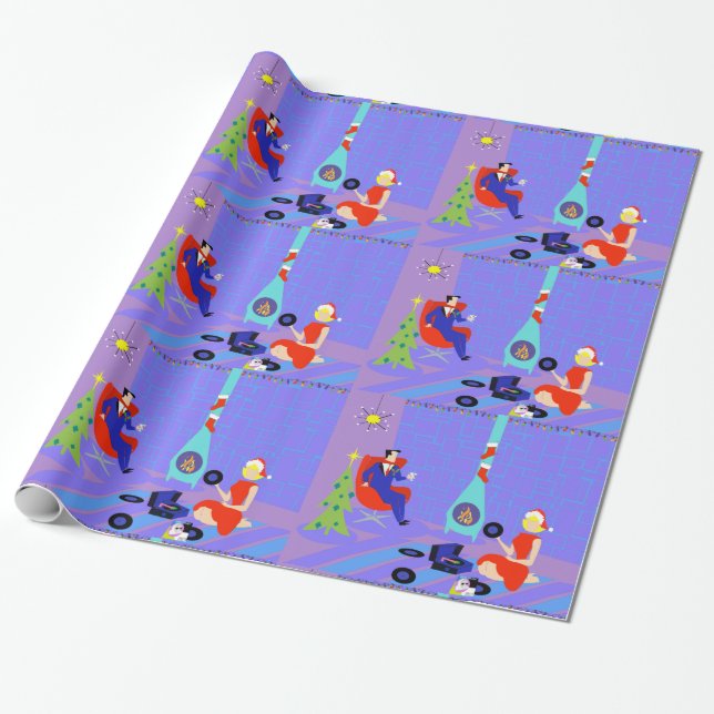 Retro Home for the Holidays Wrapping Paper (Unrolled)