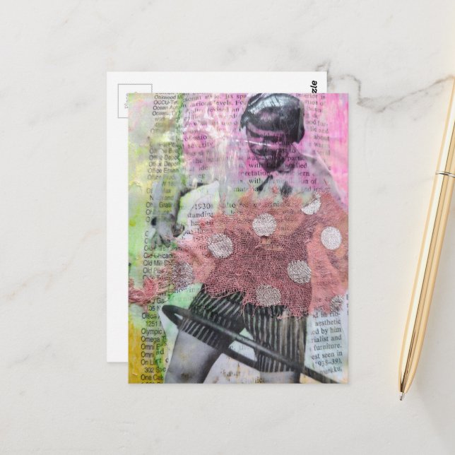 Retro Hoop Dance Mixed Media Collage Postcard (Front/Back In Situ)