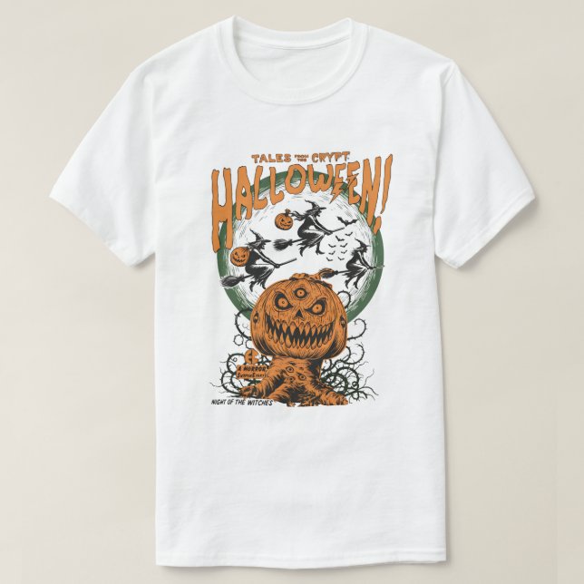 Retro Horror Halloween Witches & Pumpkin T-Shirt (Design Front)