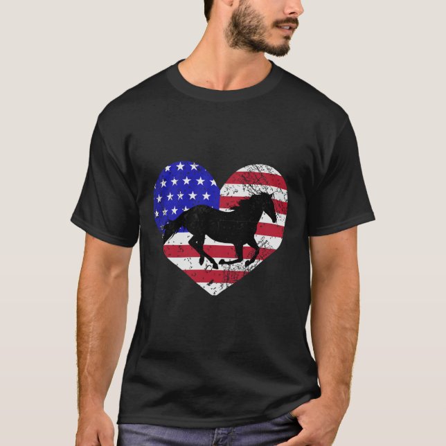 Retro Horse American Flag Heart 4th Of July Usa Pa T-Shirt (Front)