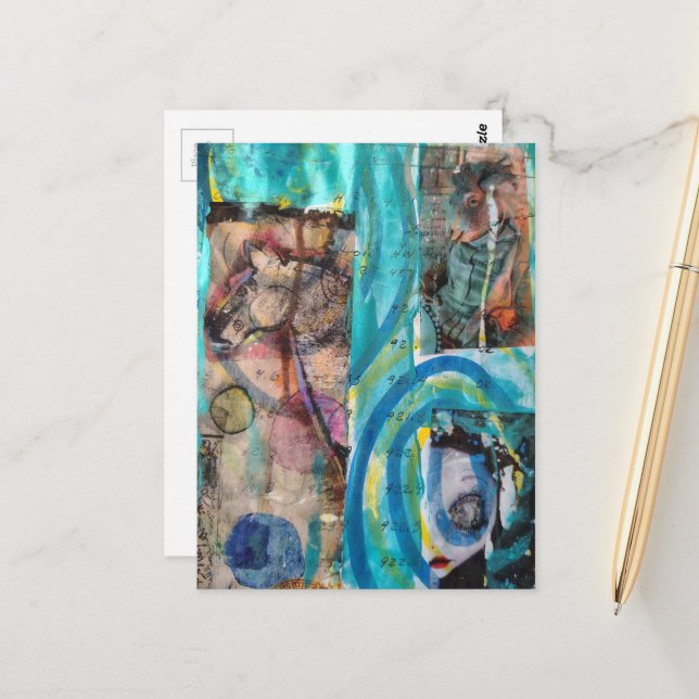 Retro Horse, Donkey, and a Doll Unique Mixed Media Postcard (Front/Back In Situ)