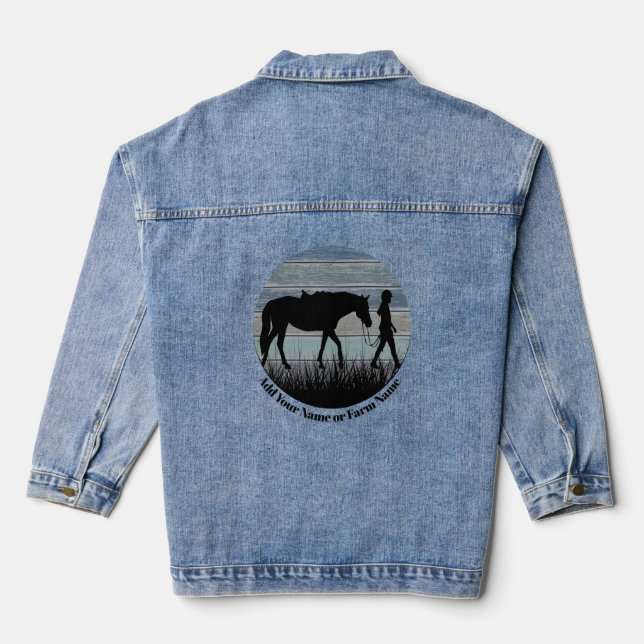 Retro Horse Dusty Blue and Girl Cut Out  Denim Jacket (Back)