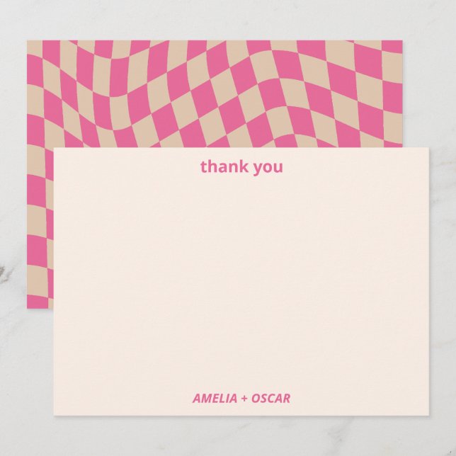 Retro Hot Pink Abstract Checkerboard Baby Shower Thank You Card (Front/Back)
