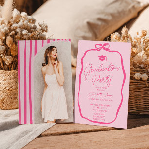 Retro Hot Pink Coquette Bow photo graduation Invitation