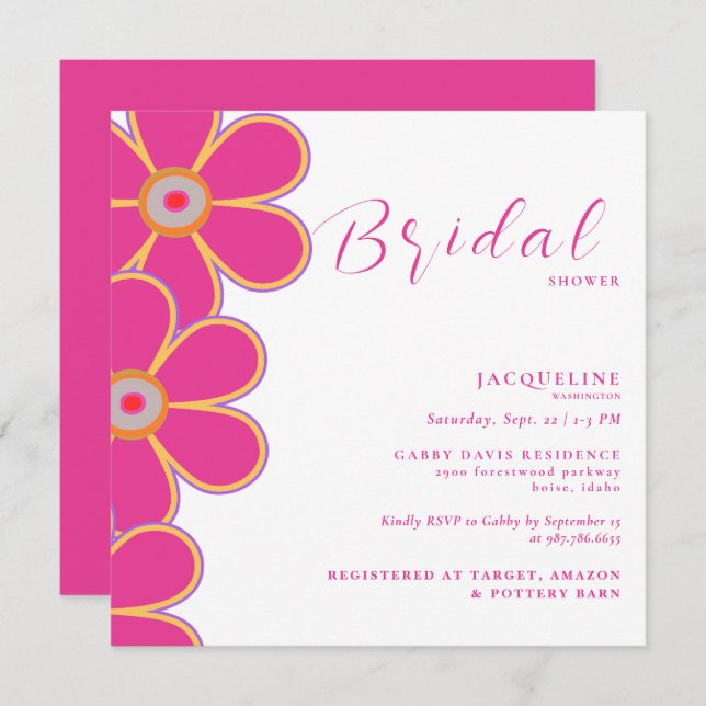 Retro Hot Pink Floral Square Bridal Shower  Invitation (Front/Back)