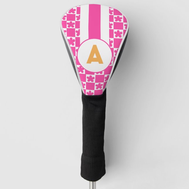 Retro Hot Pink Flower Monogram Golf Head Cover (Front)
