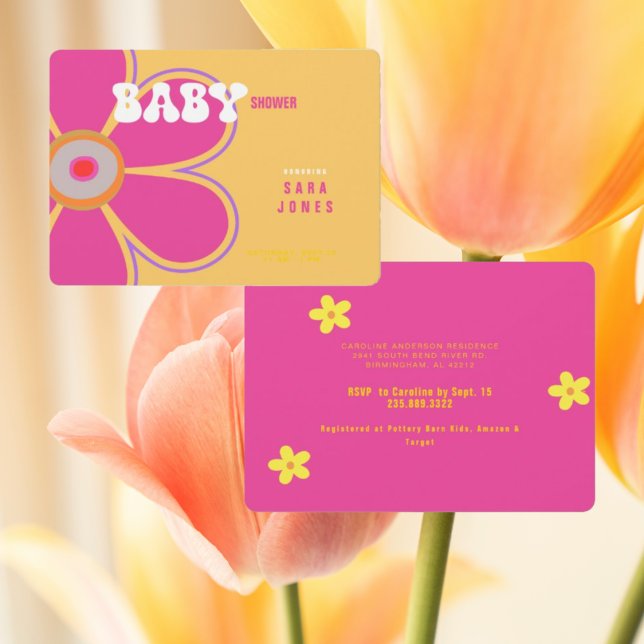 Retro Hot Pink Flower Rounded Baby Shower Invitation (Creator Uploaded)