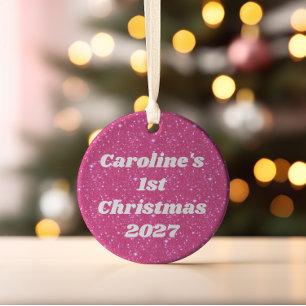 Retro Hot Pink Glitter Sparkle y2k Personalised Ceramic Tree Decoration