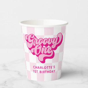Retro Hot Pink Groovy One Chequered Paper Cups