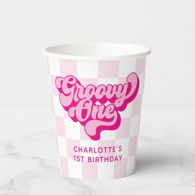 Retro Hot Pink Groovy One Chequered Paper Cups (Left)