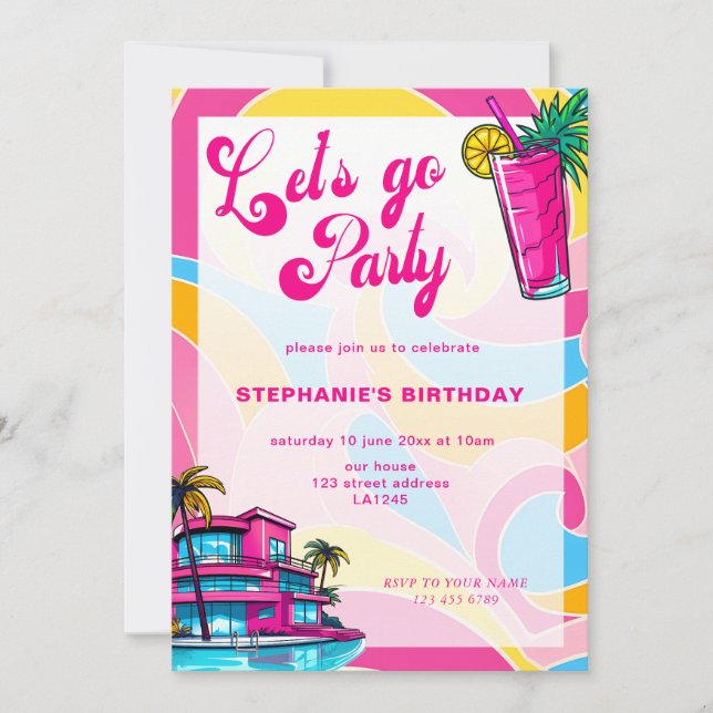 Retro Hot Pink Lets Go Party Birthday Invitation (Front)