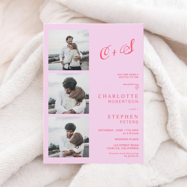 Retro hot pink red casual initials photo wedding invitation (Retro hot pink red casual initials photo wedding invitation)