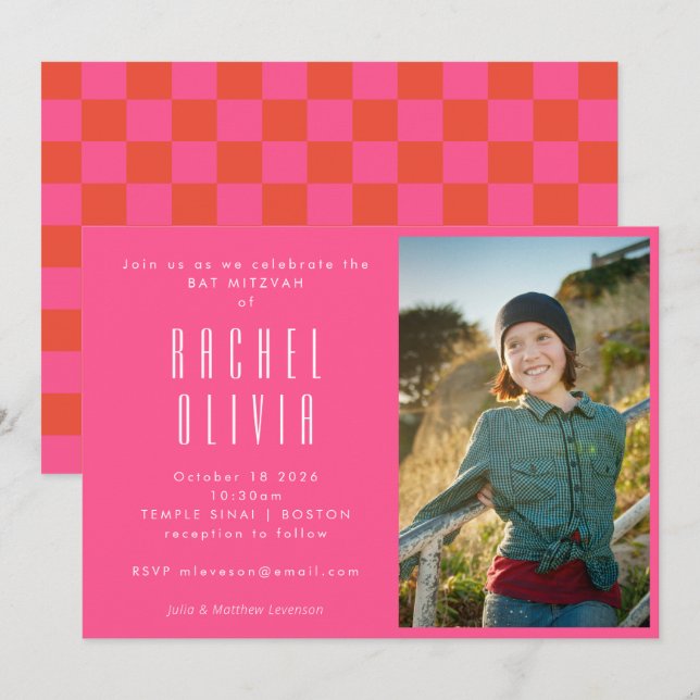 Retro Hot Pink Red Chequerboard Photo Bat Mitzvah Invitation (Front/Back)
