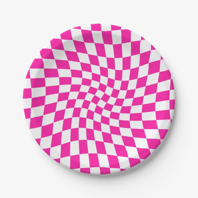 Retro Hot Pink Warped Chequerboard  Paper Plate (Front)