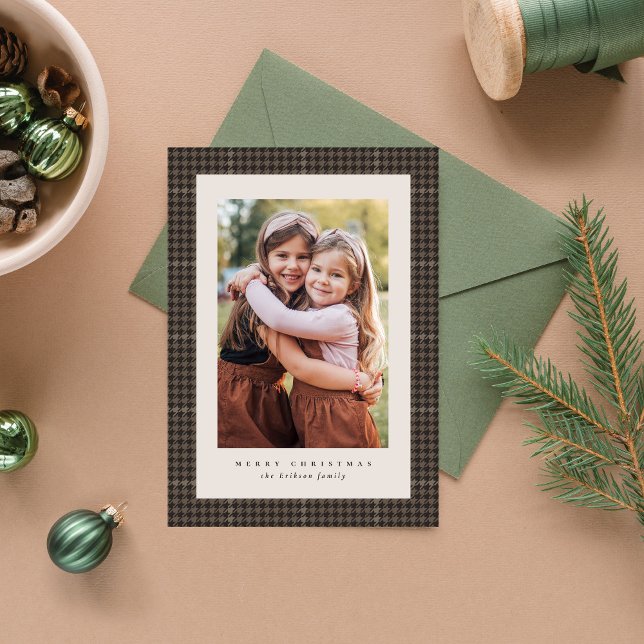 Retro houndstooth check classic Christmas photo Holiday Card (Creator Uploaded)