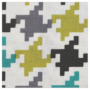 Retro Houndstooth Grey Olive-Yellow Teal Black Fabric