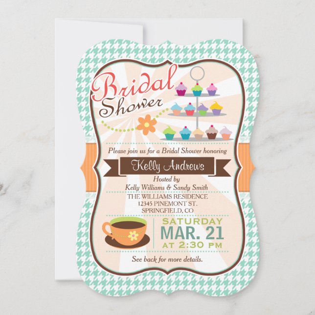 Retro Houndstooth Tea Party, Cupcake Bridal Shower Invitation (Front)