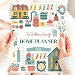 Retro Household Chores Custom Family Name Planner<br><div class="desc">This charming design features a retro-inspired theme of household chores, with vintage-style illustrations of brooms, vacuums, houses, and flowers in soft muted colours. The personalised name and "Home Planner 2025" text make it a functional and stylish addition to any home. Ideal for families, homemakers, or anyone who loves nostalgic and...</div>