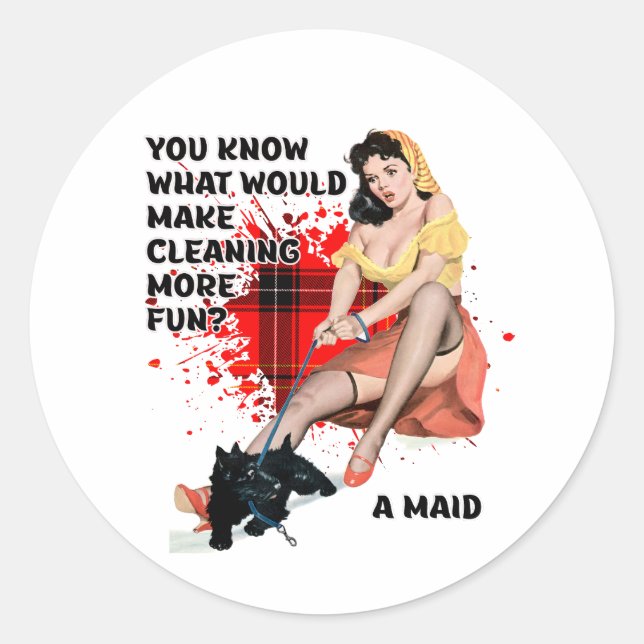 Retro Housewife Humour Pin-up with Scottie Art Classic Round Sticker (Front)