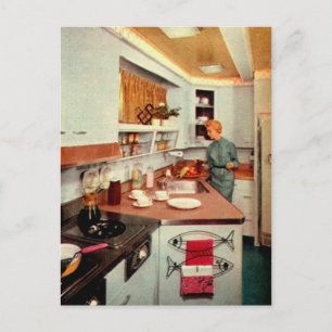 Retro Housewife in Kitchen Postcard