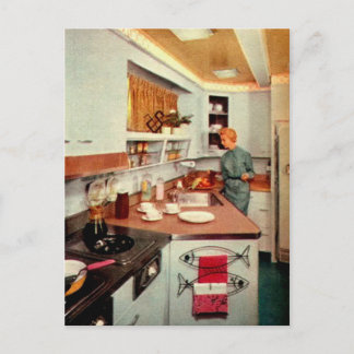 Retro Housewife in Kitchen Postcard
