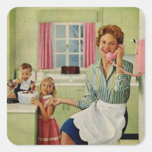 Retro Housewife in Kitchen Square Sticker