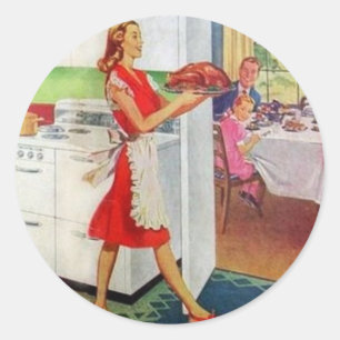 Retro Housewife on Thanksgiving Classic Round Sticker