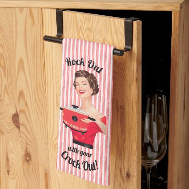Retro Housewife Rock Out with your Crock Out Tea Towel (Thirds Fold)