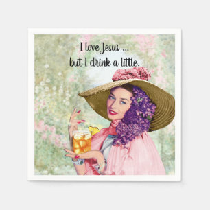 Retro Housewife Sun Hat Cocktail Flowers Napkin