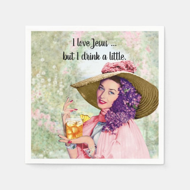 Retro Housewife Sun Hat Cocktail Flowers Napkin (Front)