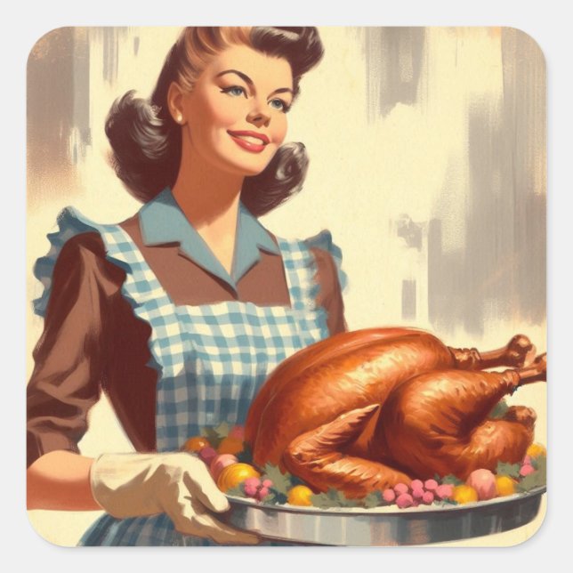 Retro Housewife Thanksgiving Turkey Vintage  Square Sticker (Front)