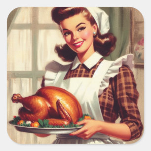Retro Housewife Thanksgiving Turkey Vintage  Square Sticker