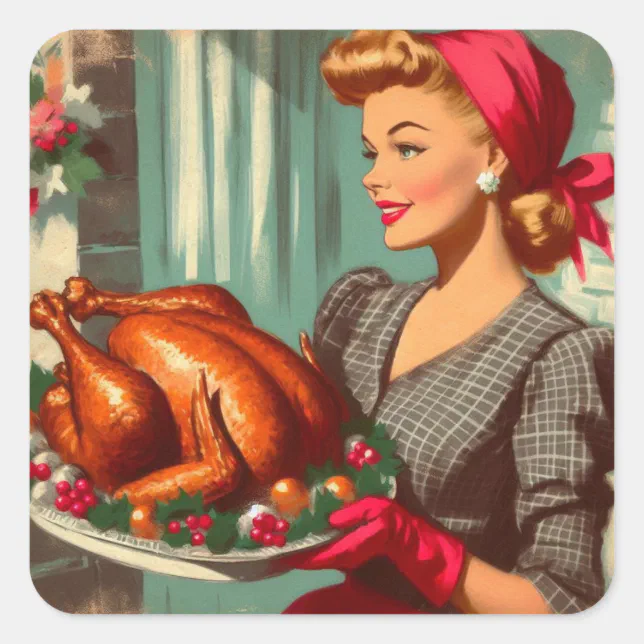 Retro Housewife Thanksgiving Turkey Vintage Square Sticker | Zazzle
