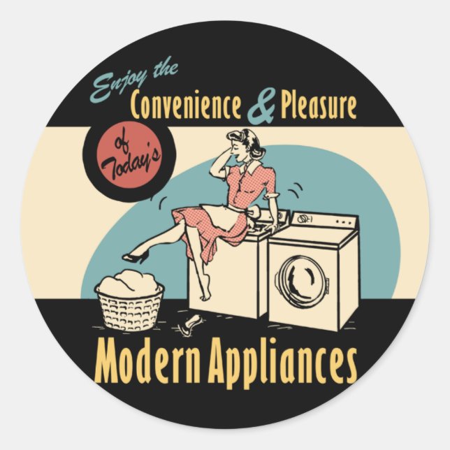 Retro Housewife Washer Dryer Classic Round Sticker (Front)