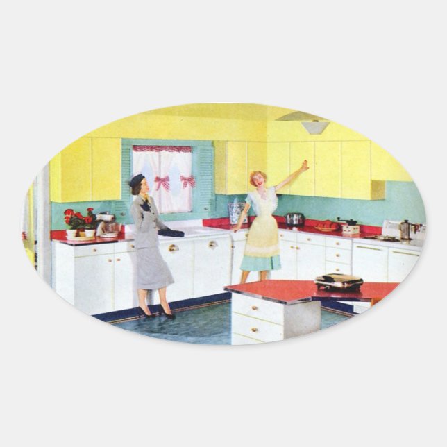 Retro Housewives in Kitchen Oval Sticker (Front)