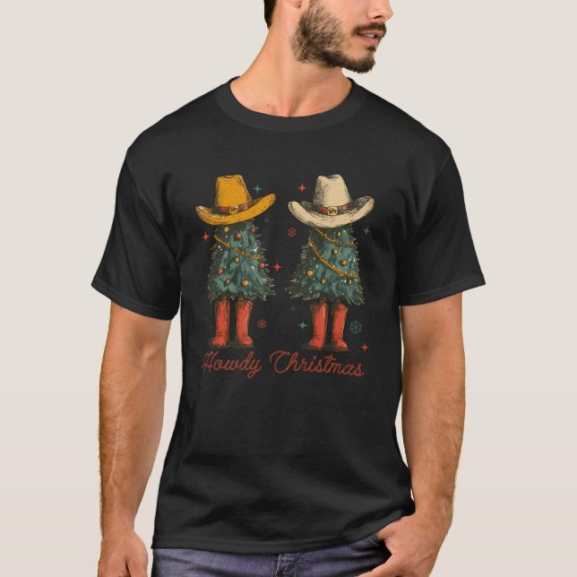 Retro Howdy Christmas Cowboy Christmas Tree Wester T-Shirt (Front)