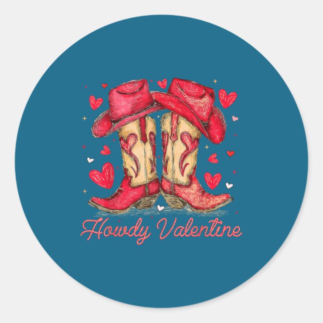 Retro Howdy Valentine Cowboy Boots Western Valenti Classic Round Sticker (Front)