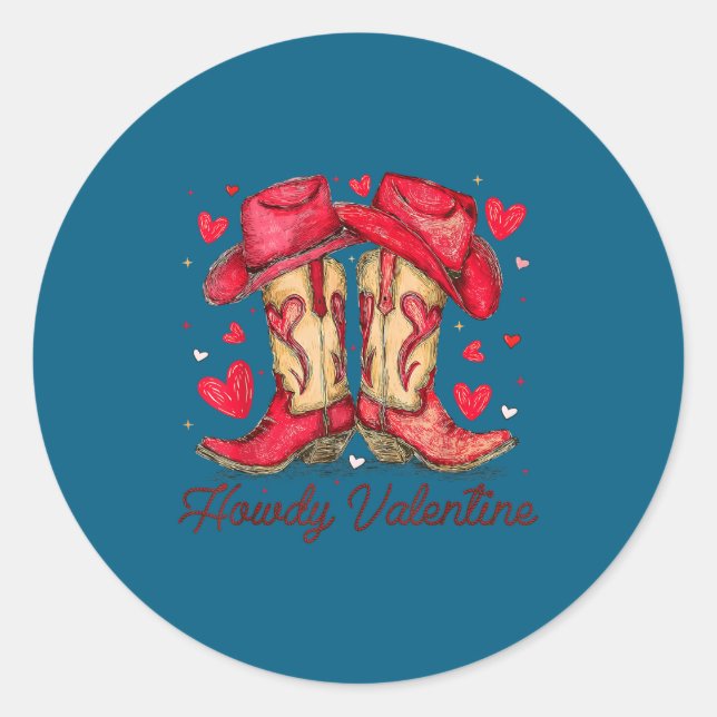 Retro Howdy Valentine Cowboy Boots Western Valenti Classic Round Sticker (Front)