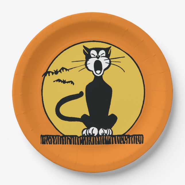 Retro Howling Halloween Cat Plate (Front)