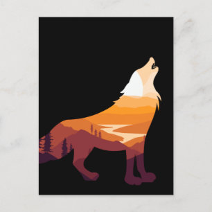Retro Howling Wolf Landscape Wilderness Sunset Postcard